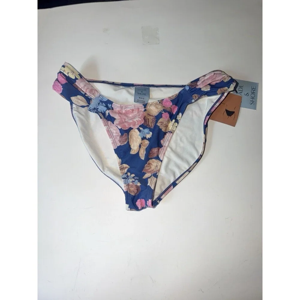 Shade & Shore Bikini Bottoms Womens M Blue Tropical Floral Low Rise High Leg New